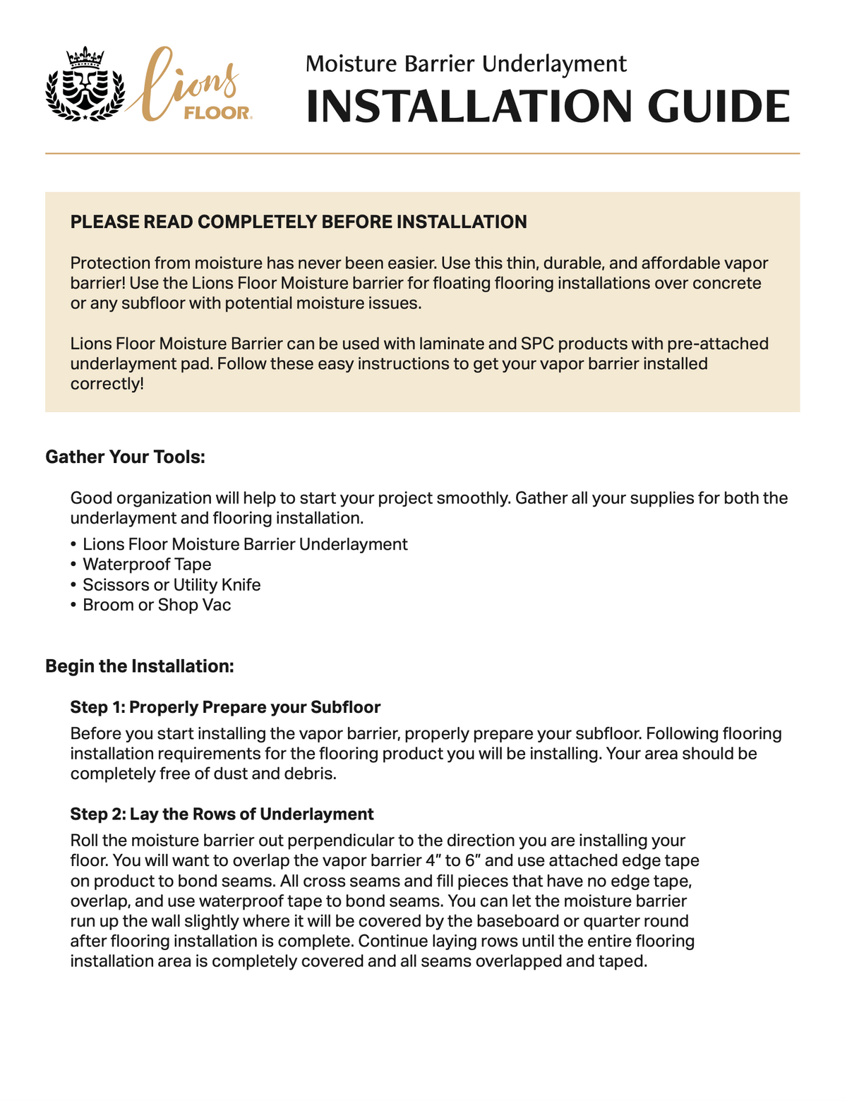 Installation guide sheet for Lions Floor Moisture Barrier Underlayment, featuring product branding, installation steps, and tool requirements on a white background. Available for pick up at LGK Floors in Lakewood Ranch Florida for Contractor supplies house