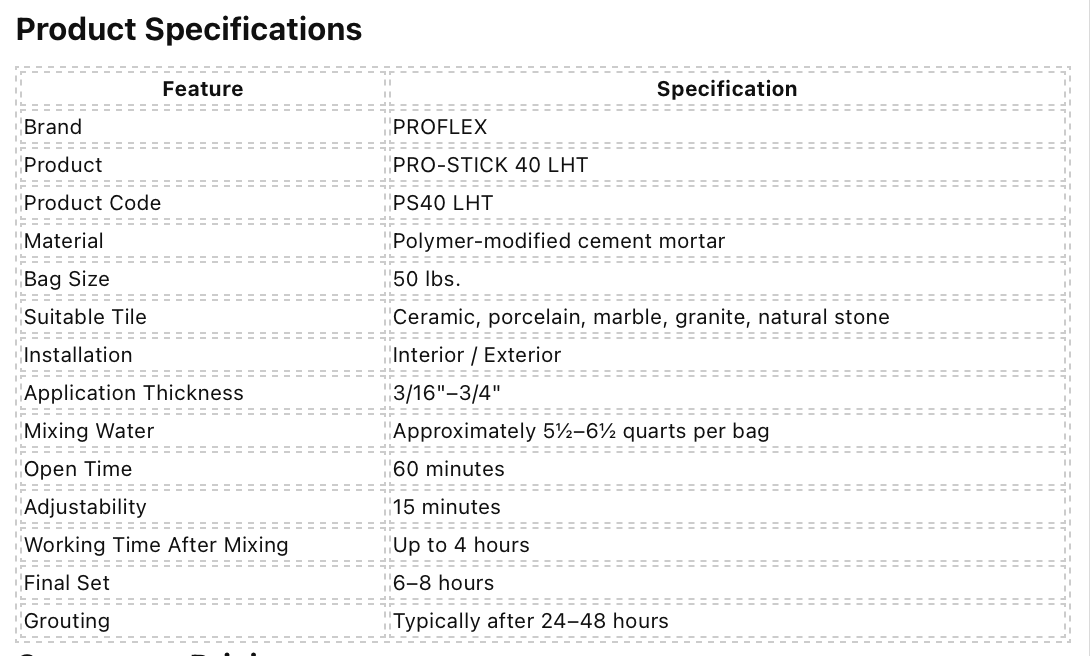 PICK UP TODAY | PROFLEX PRO-STICK 40 LHT  50 lb Large Format Tile Mortar | Contractor Supply