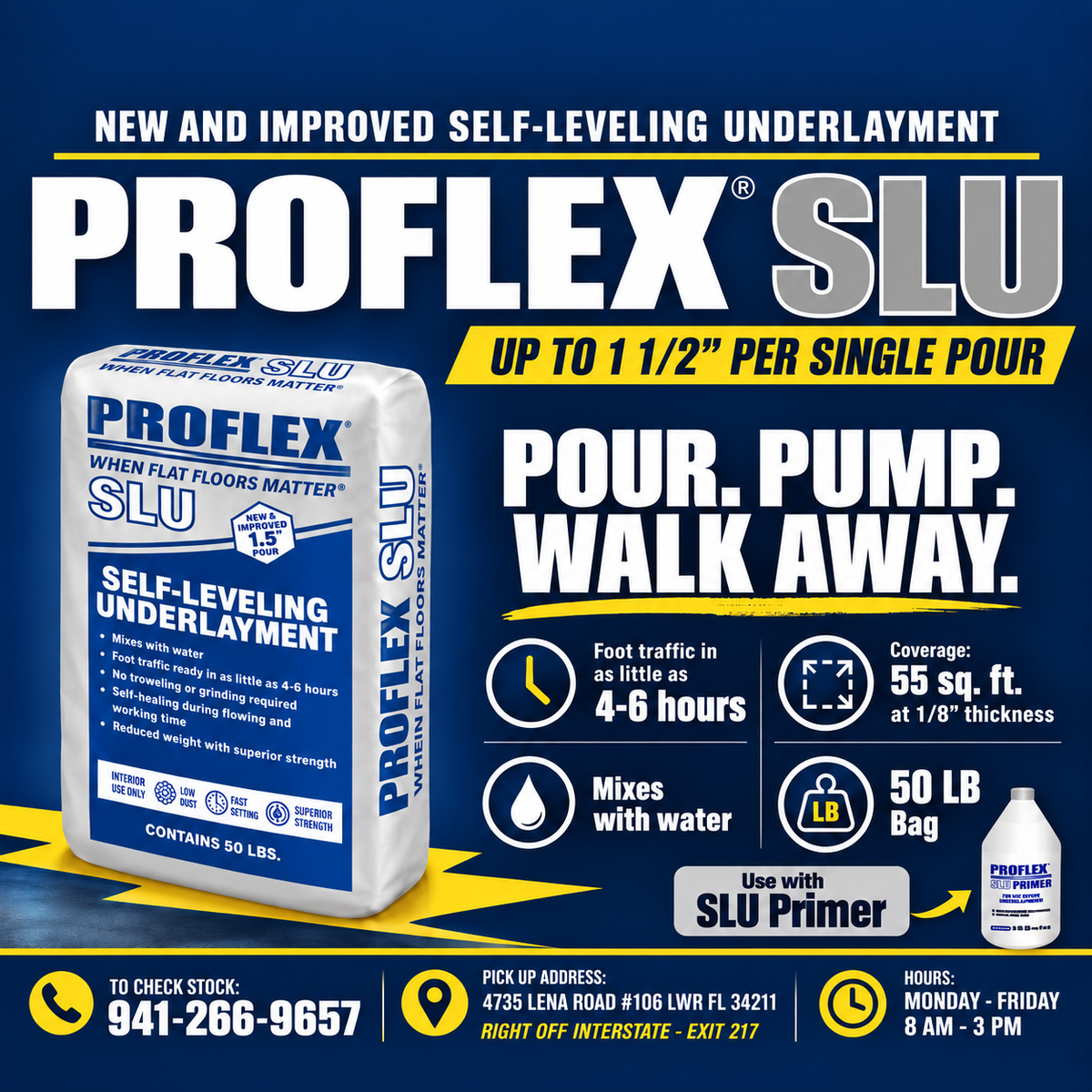 Promotional graphic for Proflex SLU self-leveling underlay, showing a 50 lb bag of the product on a dark blue background with large white and yellow text, feature icons, and store contact information.
