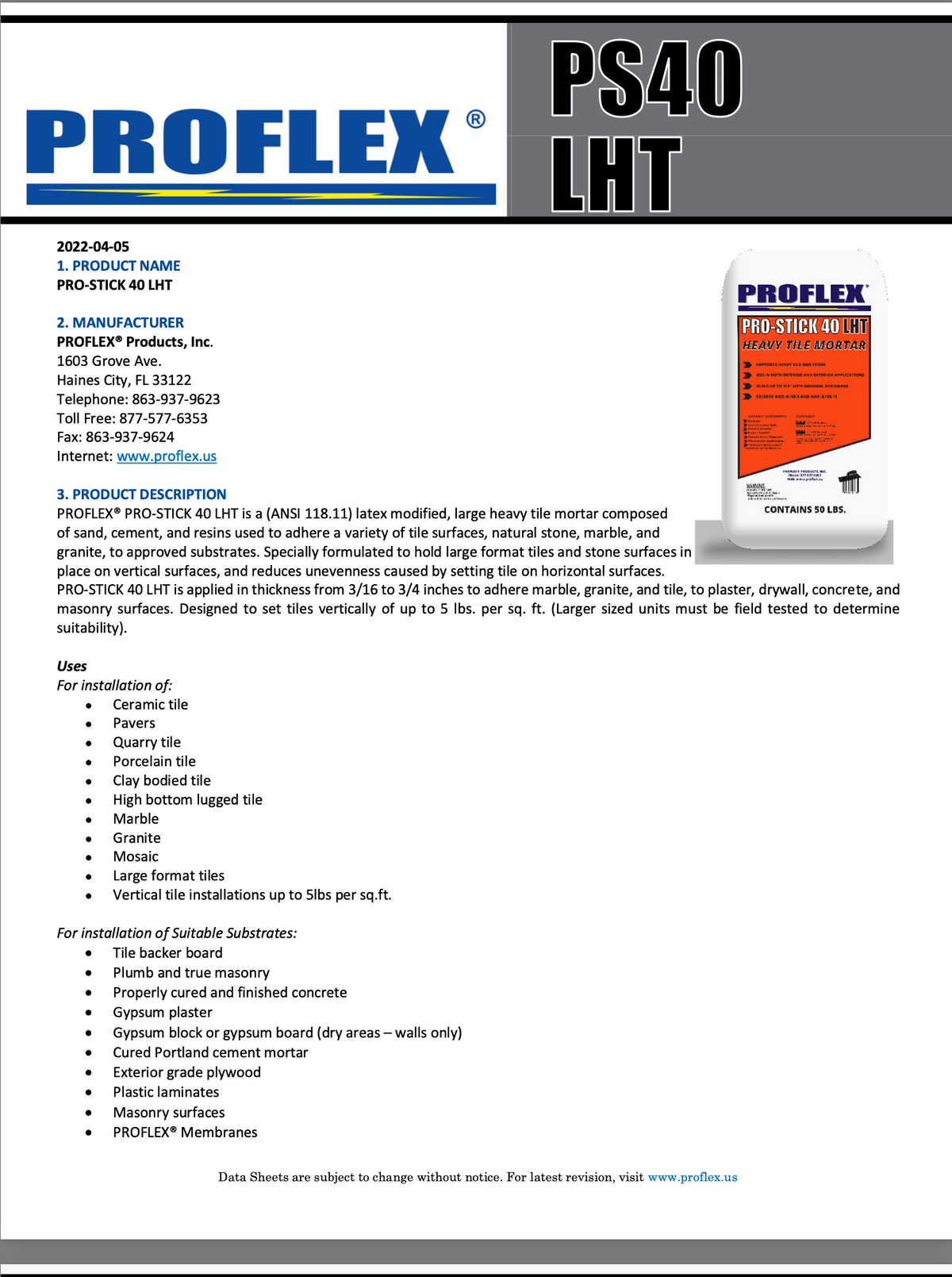 PICK UP TODAY | PROFLEX PRO-STICK 40 LHT  50 lb Large Format Tile Mortar | Contractor Supply