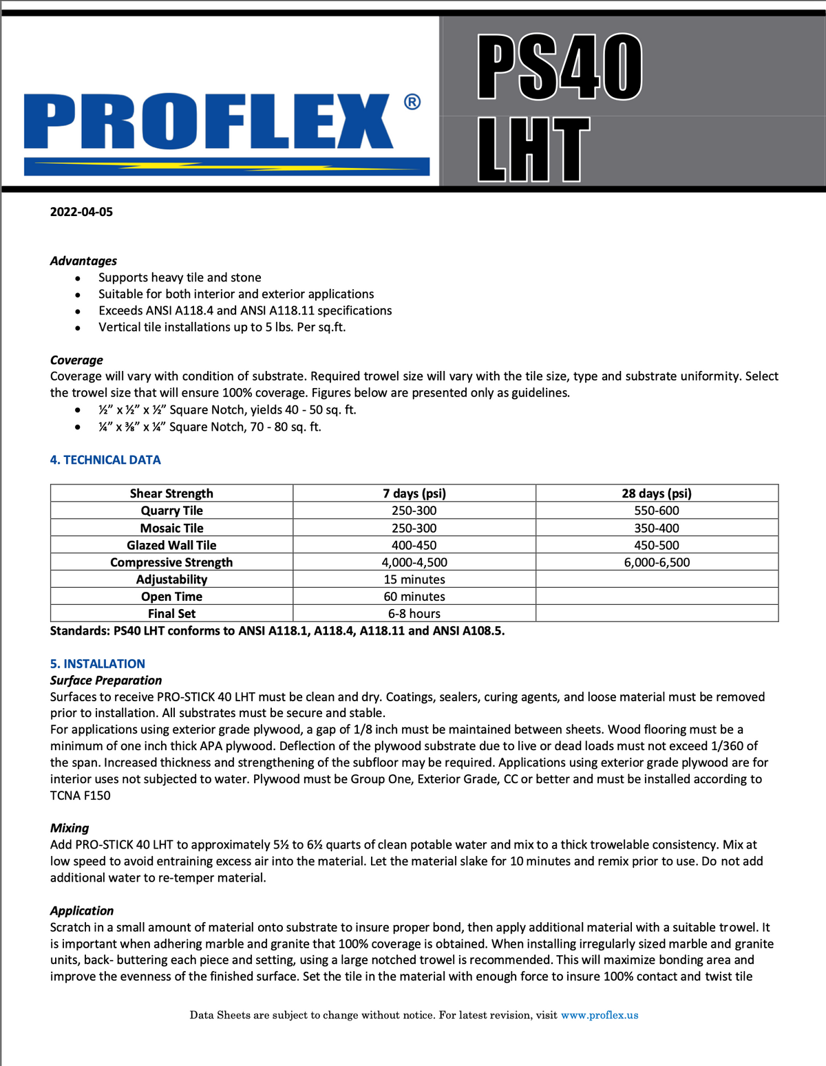 PICK UP TODAY | PROFLEX PRO-STICK 40 LHT  50 lb Large Format Tile Mortar | Contractor Supply