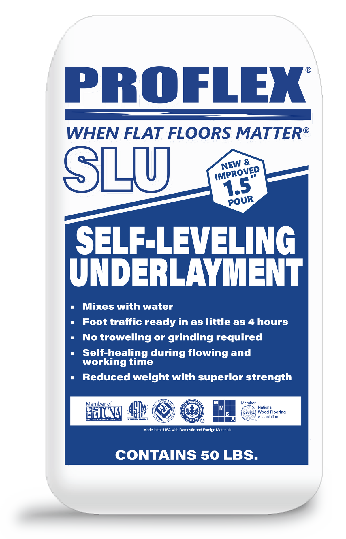 A white plastic bag of Proflex SLU Self-Leveling Underlayment, 1.5 pour, with a blue and white label.