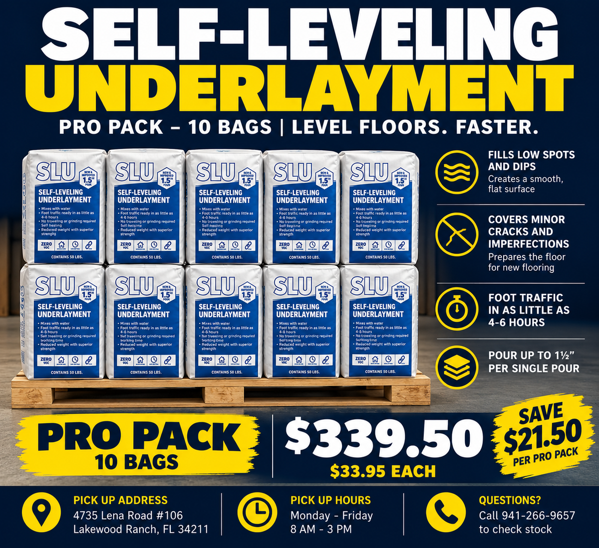 Promotional graphic for an SLU self-leveling underlayment pro pack of 10 bags, showing the bags stacked on a wooden pallet with marketing text and feature icons on a dark blue background. Can be purchase in Lakewood Ranch at LGK Floors
