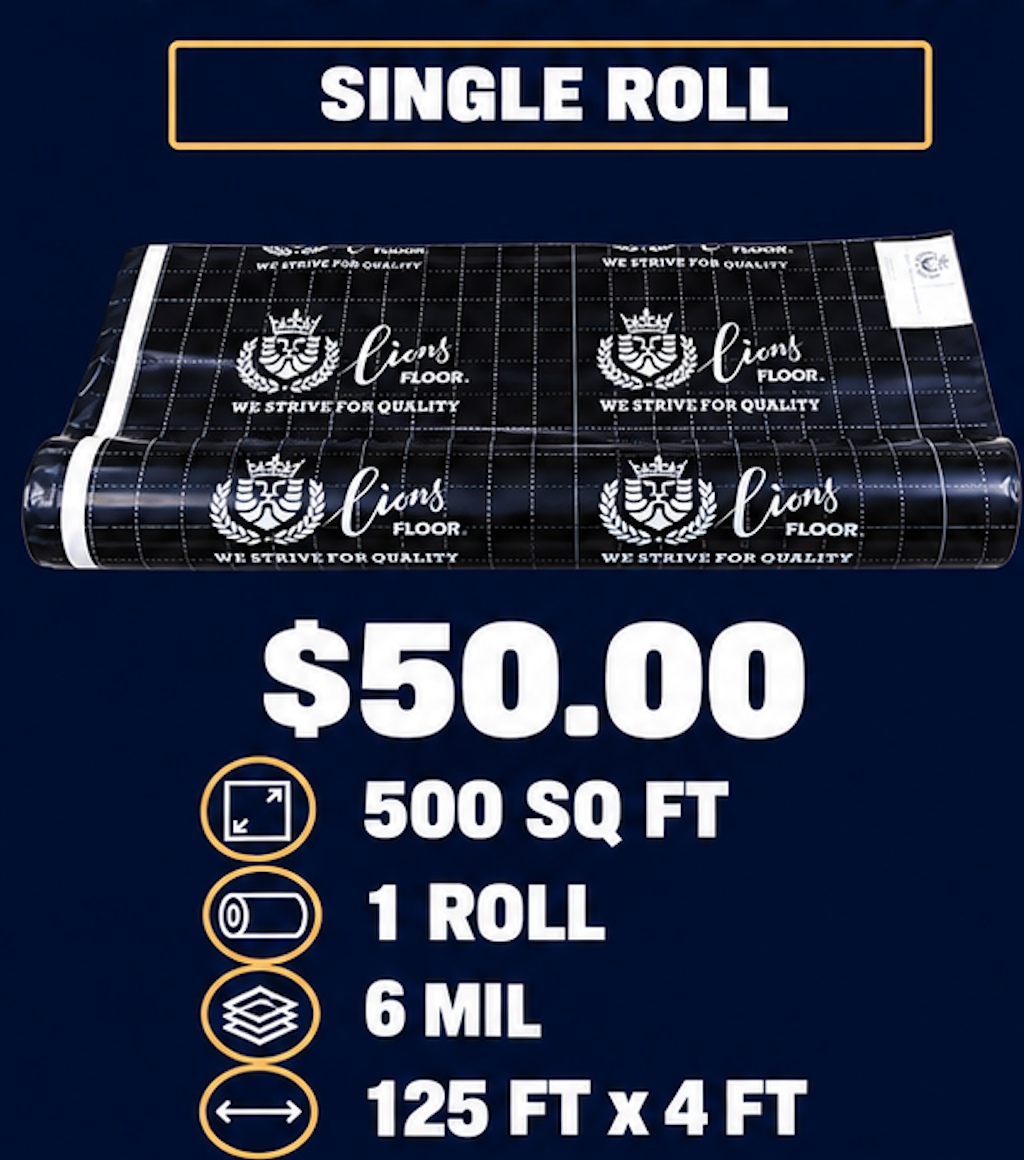 A single roll of black floor drop mats with a white grid pattern and the Lions Floor logo, shown on a dark navy background with text indicating a single roll, $50.00 price, 500 sq ft size, 1 roll quantity, 6 mil thickness, and 125 ft x 4 ft dimensions. Available for pick up at LGK Floors in Lakewood Ranch Florida for Contractor supplies house