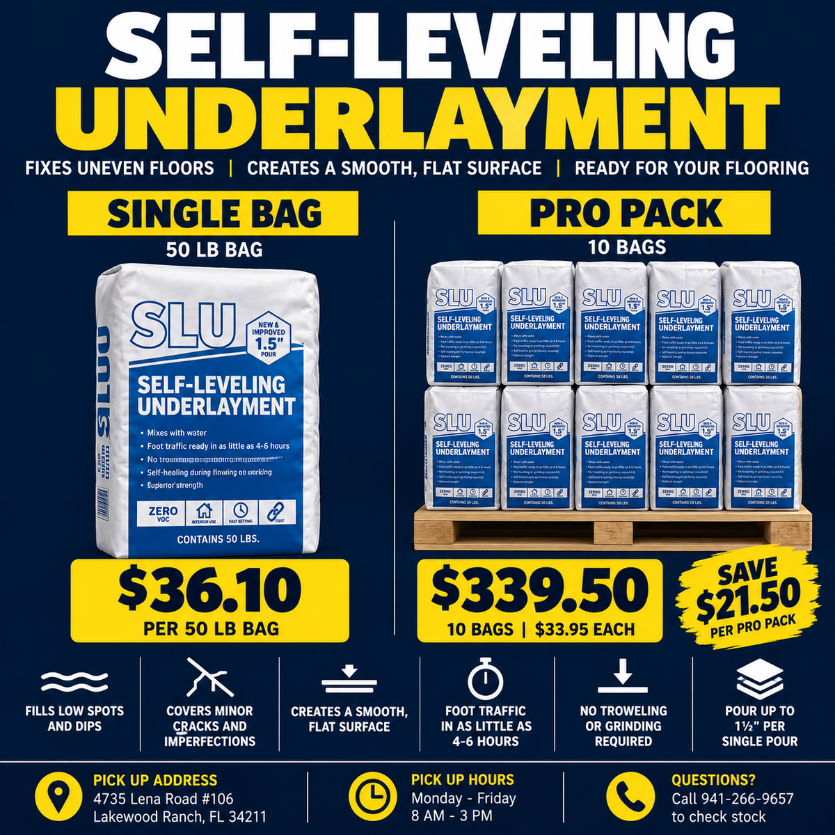 PROFLEX SLU Self-Leveling Underlayment Pro Pack featuring 10 individual 50 lb bags for $339.50. Fast-setting floor leveling compound for smoothing uneven subfloors before flooring installation. Available for contractor pickup at LGK Floors in Lakewood Ranch, FL.