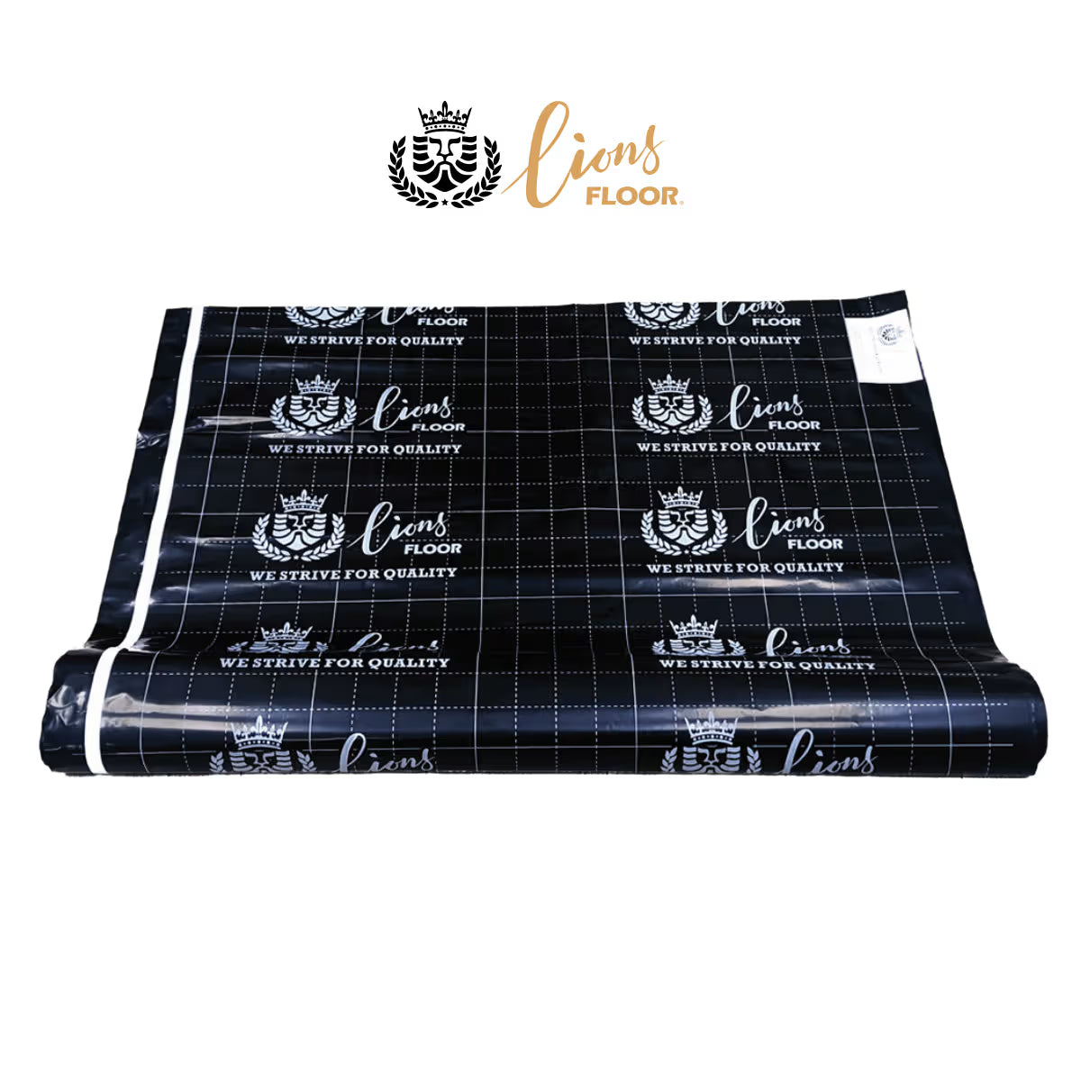 Roll of flooring material with 'Lions Floor' branding on a white background Available for pick up at LGK Floors in Lakewood Ranch Florida for Contractor supplies house