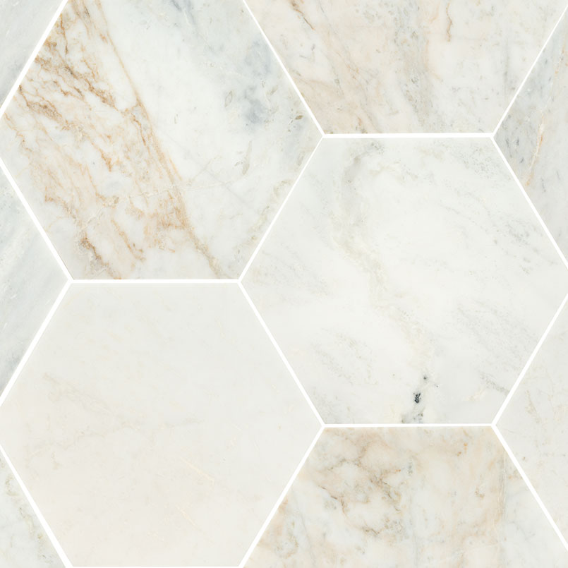 M - 8" Hexagon White Gold & Gray Marble Tile Flooring  - Greenguard